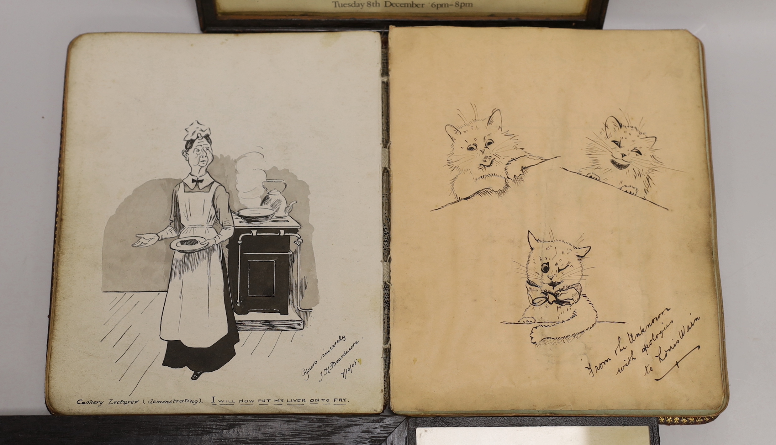 An early 20th century sketch album, a print of an etching monogrammed EBF, and two cartoon pen and ink drawings